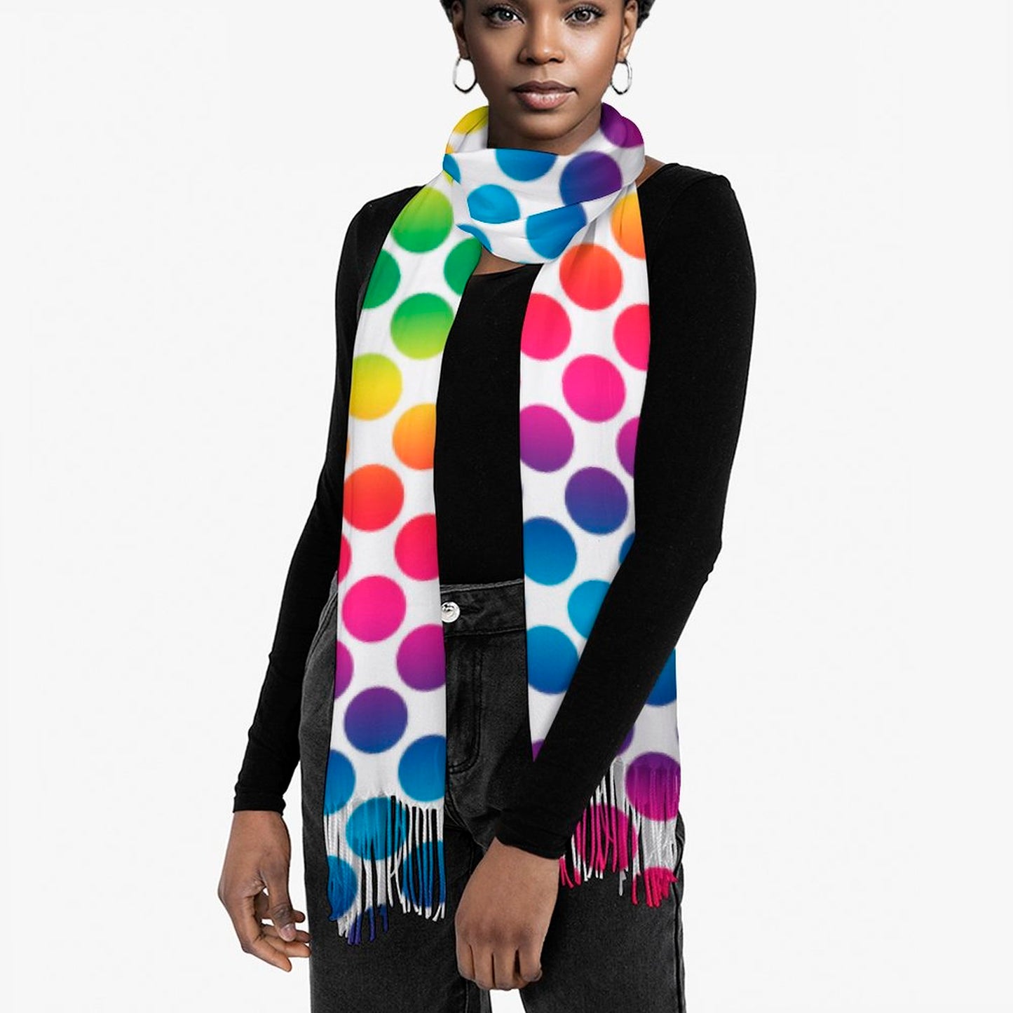 Cashmere-like Tassel Scarf Rainbow Dots