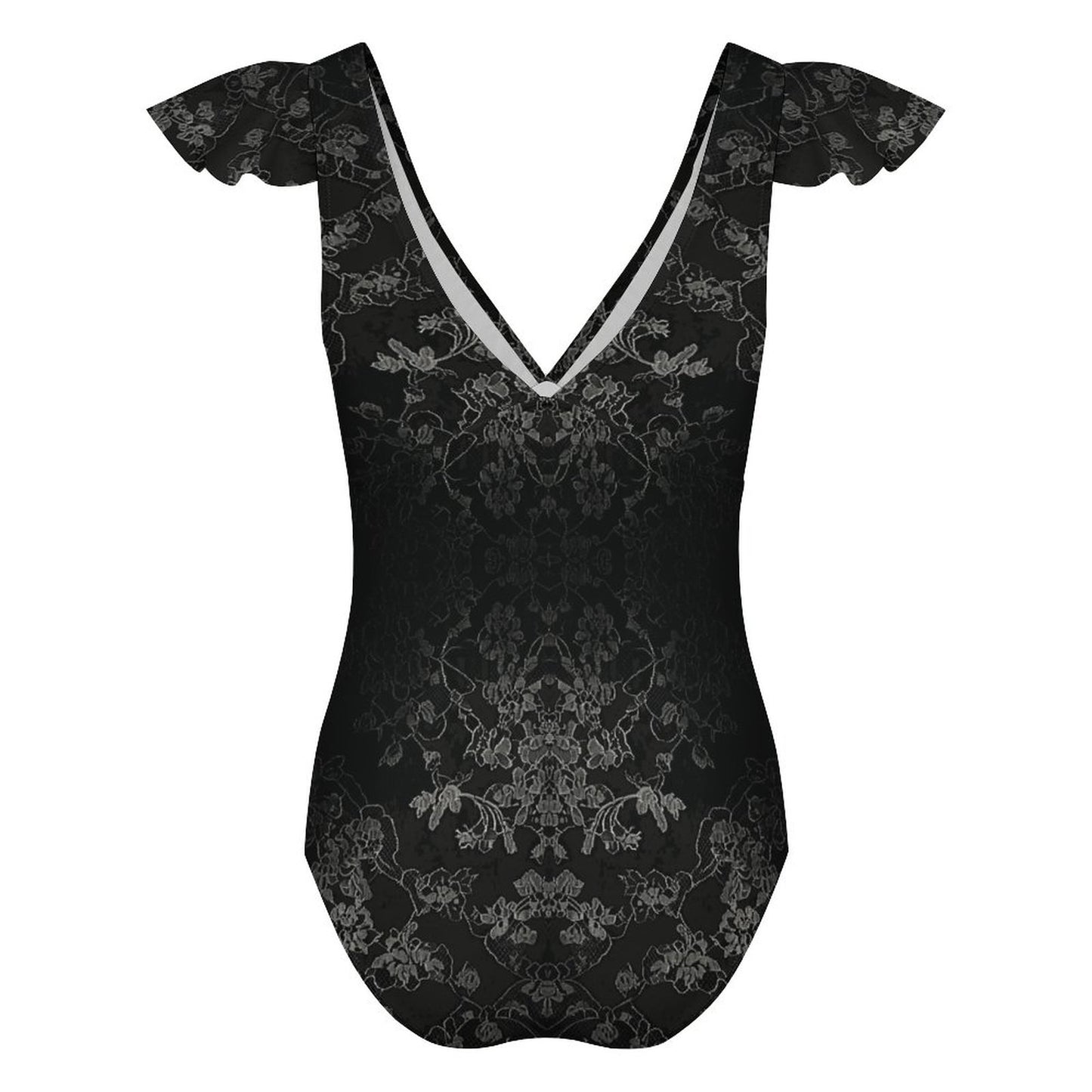 V Neck Flutter Sleeve One Piece Swimsuit Elegant Black