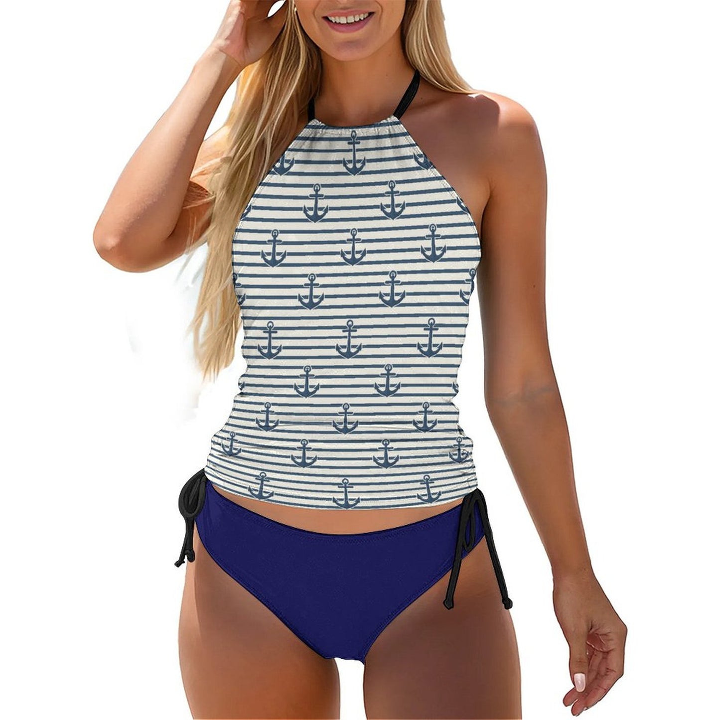 2-Piece Women's Tankini Set with High Neck Halter Top Marine Anchor
