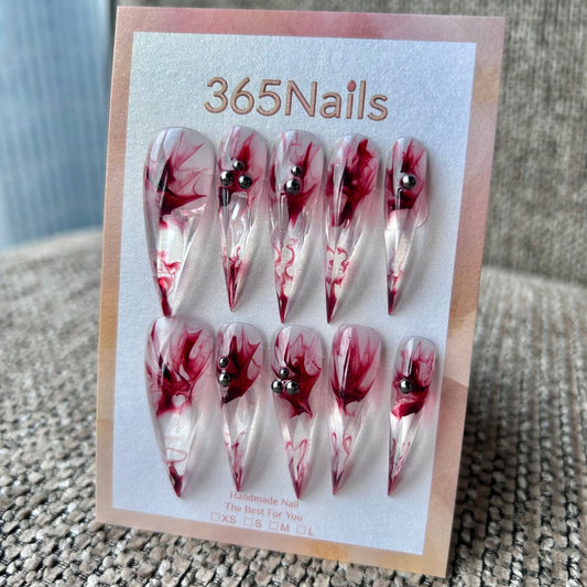Bloody Rose Dragon Claw Stiletto Clear Jelly with Red Ink Marble & Metal Studs 365Nails Premium Handmade Dragon – Image 2
