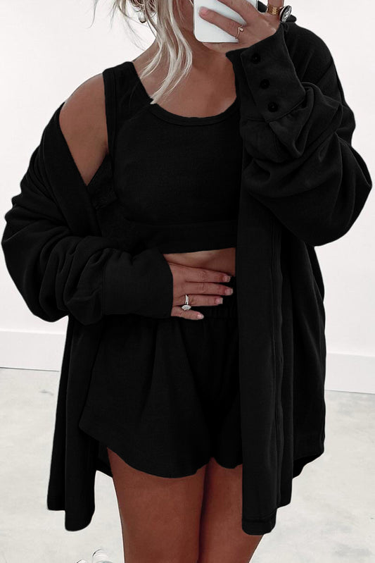 Black 3 Pcs Crop Tank Top Shorts with Cardigan Lounge Set