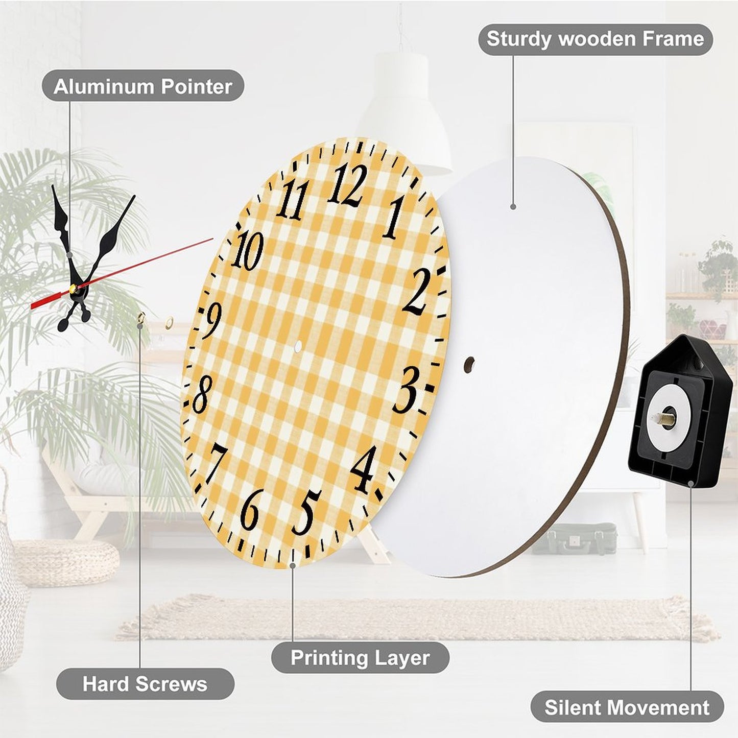 Modern Wooden Wall Clock - yelldw plaid