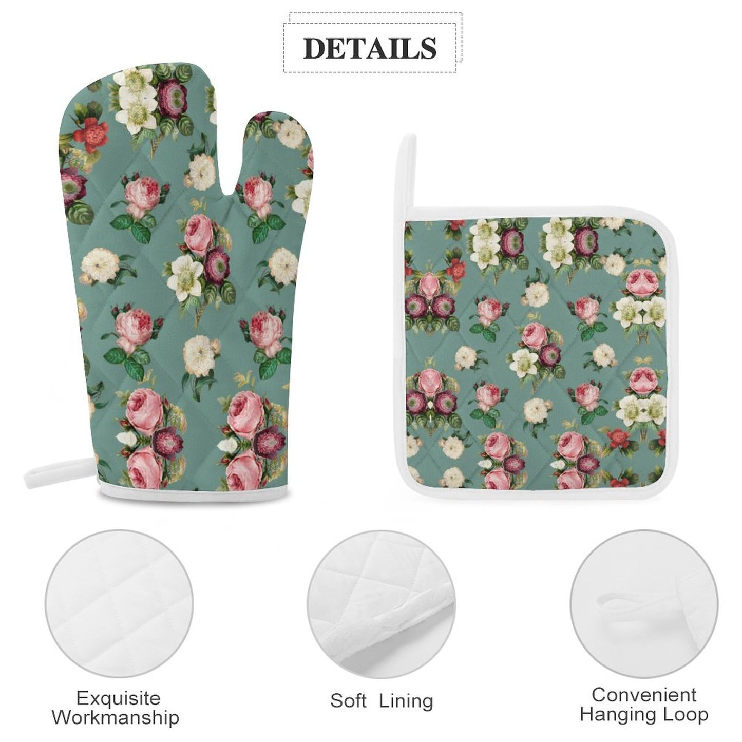 Oven Mitts & Pot Holder Set of 3 Flowers