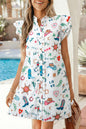 White Western Print Flutter Sleeve Button Down Mini Dress