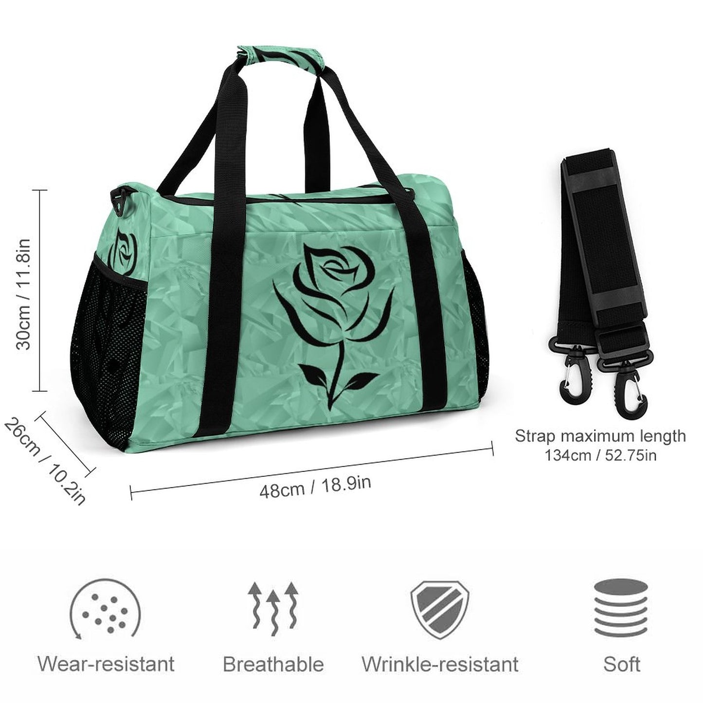 Travel Duffel Bag Teal with Black Rose
