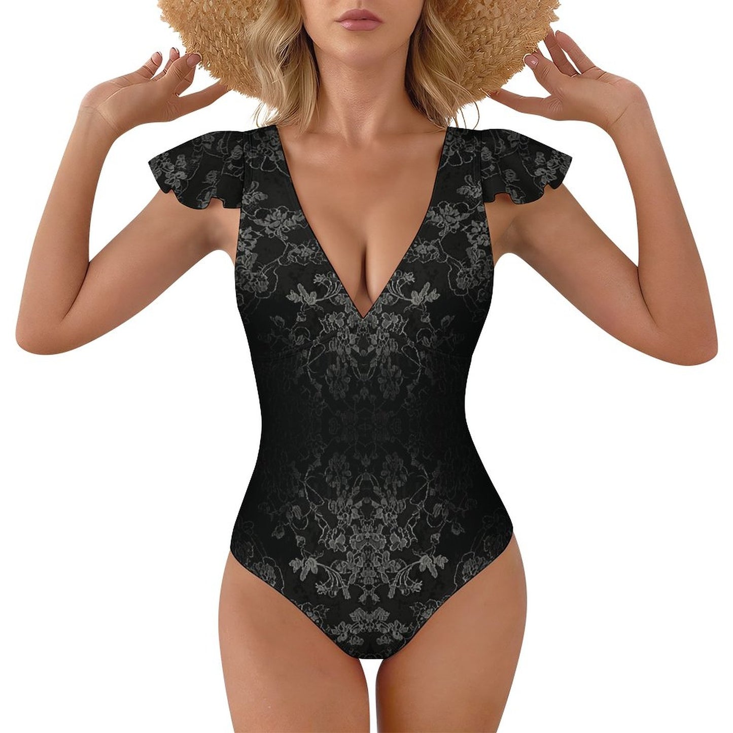 V Neck Flutter Sleeve One Piece Swimsuit Elegant Black
