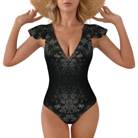 V Neck Flutter Sleeve One Piece Swimsuit Elegant Black