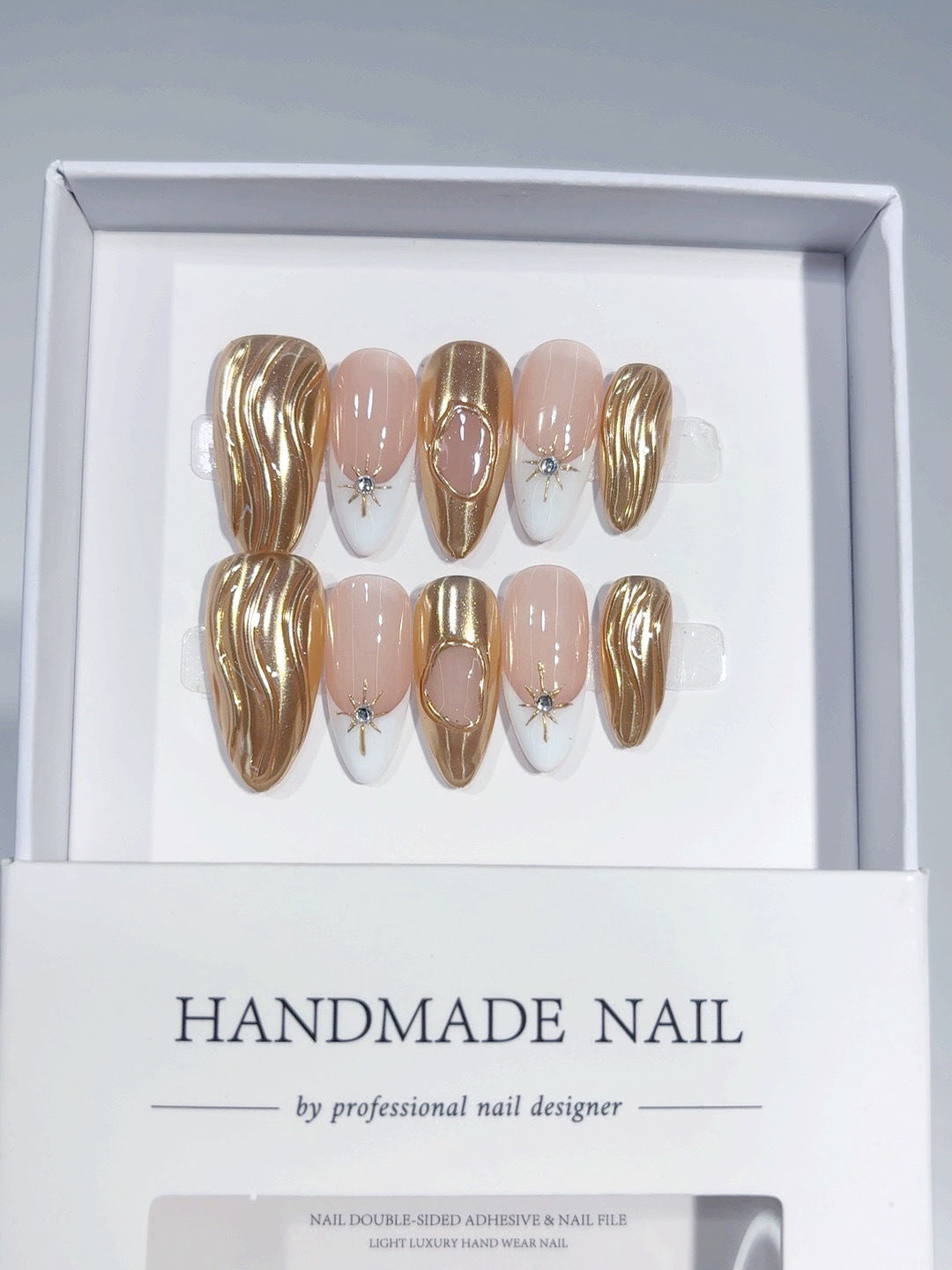 Liquid Gold: "Gilded Wave" – Almond Shape Handmade Press-On Nails – Image 5