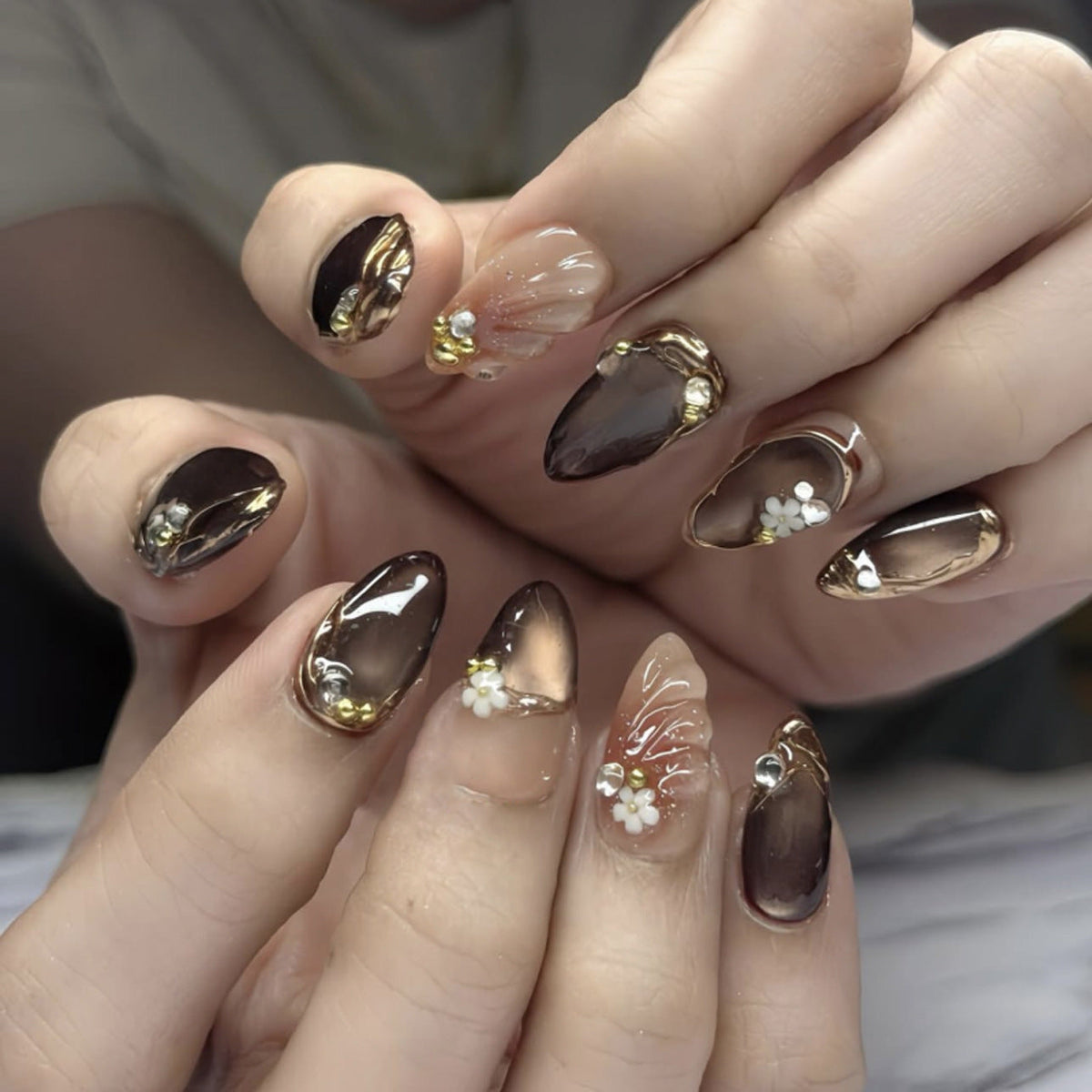 Brown Marble Gold-Accent Floral Press-On Nails