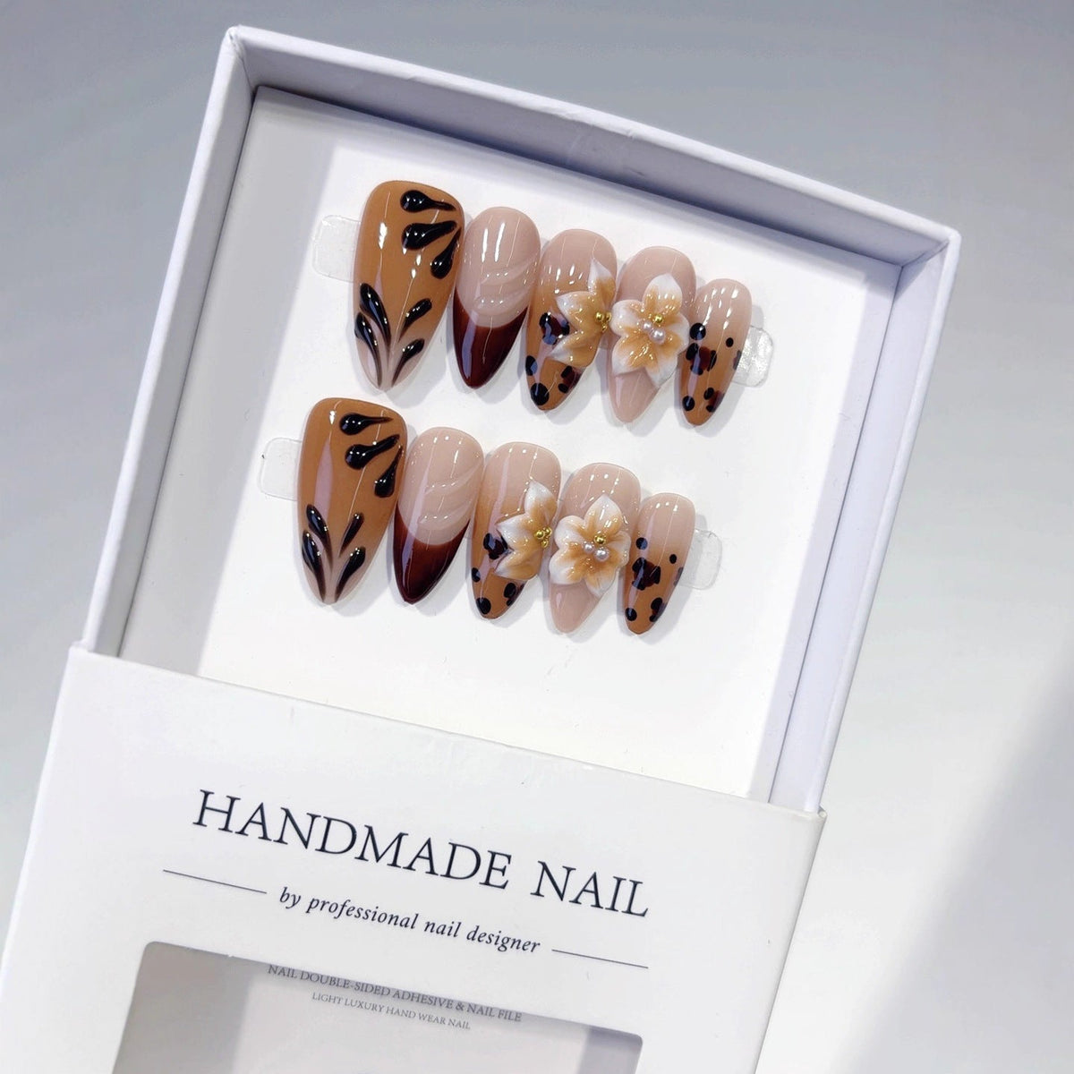 Amber Bloom: "Leopard & Flower" – Long Almond Handmade Press On Nails – Image 4