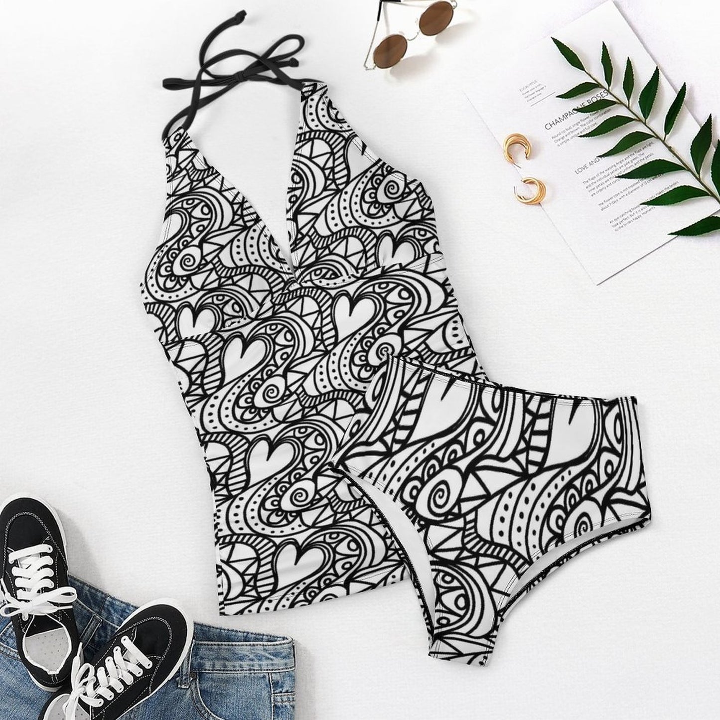 2-Piece Women's Halter Tankini Black and White