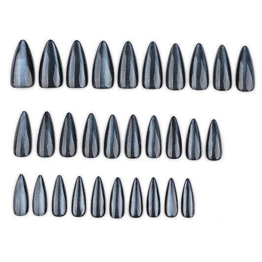 30-piece set blue solid color cat eye press-on nails - medium length almond shape – Image 2