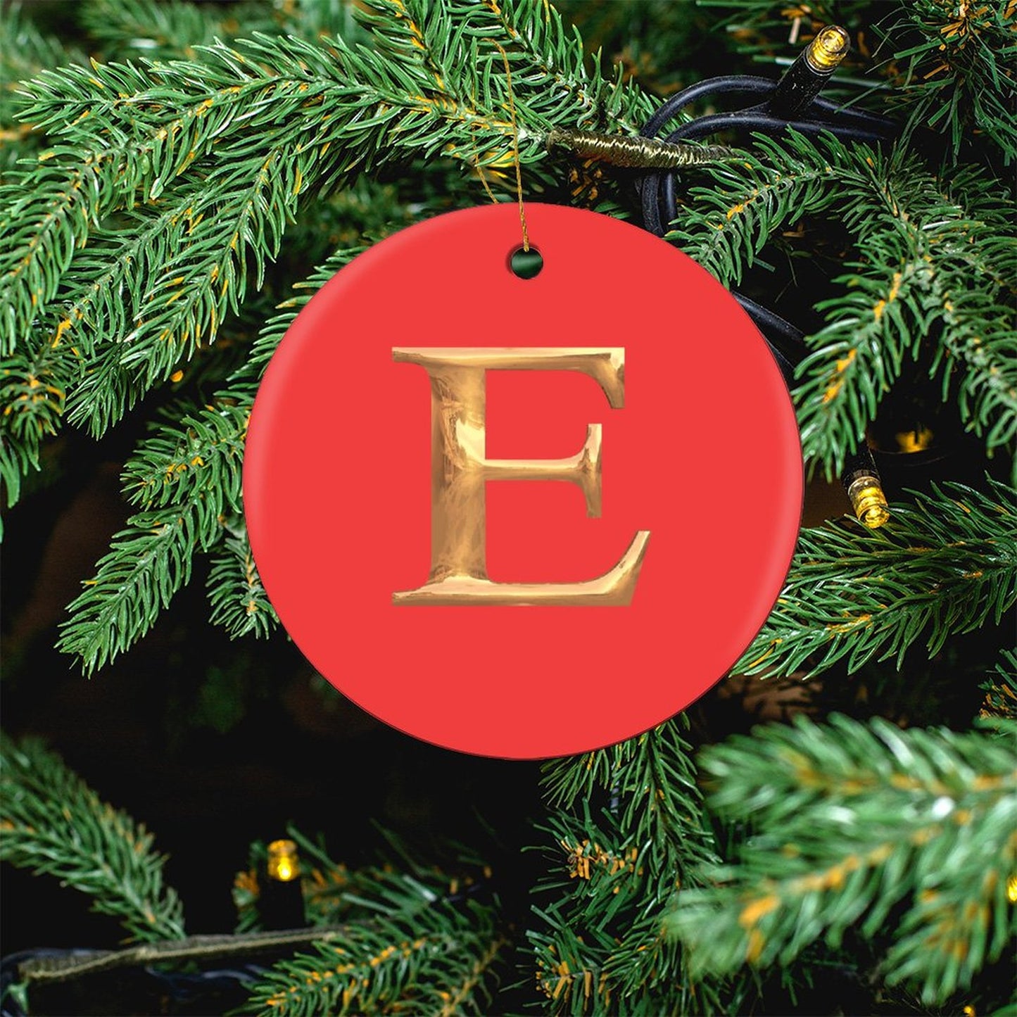 Round Christmas Ceramic Ornament (Glossy Surface) - Letter E