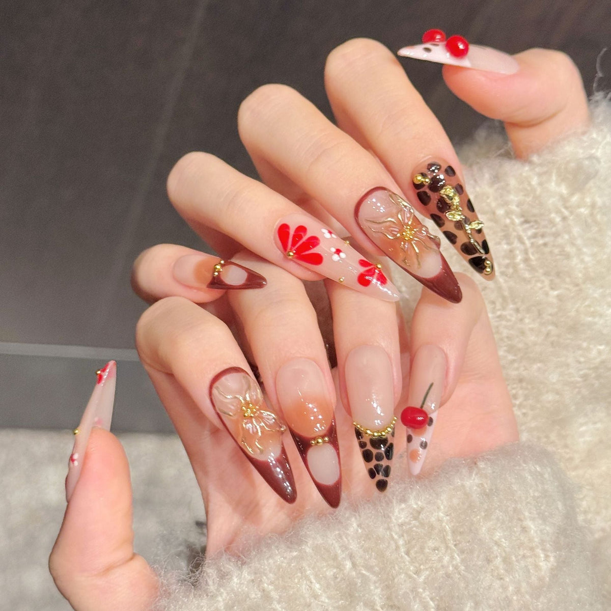 365nails: "Cherry Leopard" – 3D Floral & Animal Print Handmade Stiletto Nails – Image 3