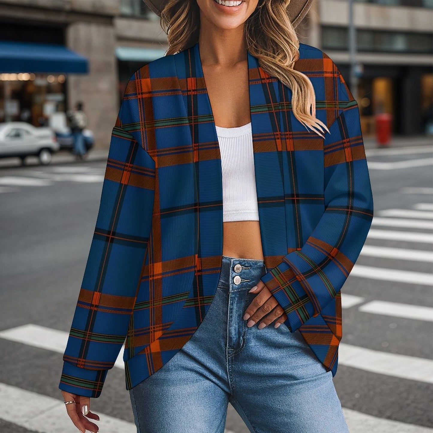 Women's Drop Shoulder Cardigan Plaid
