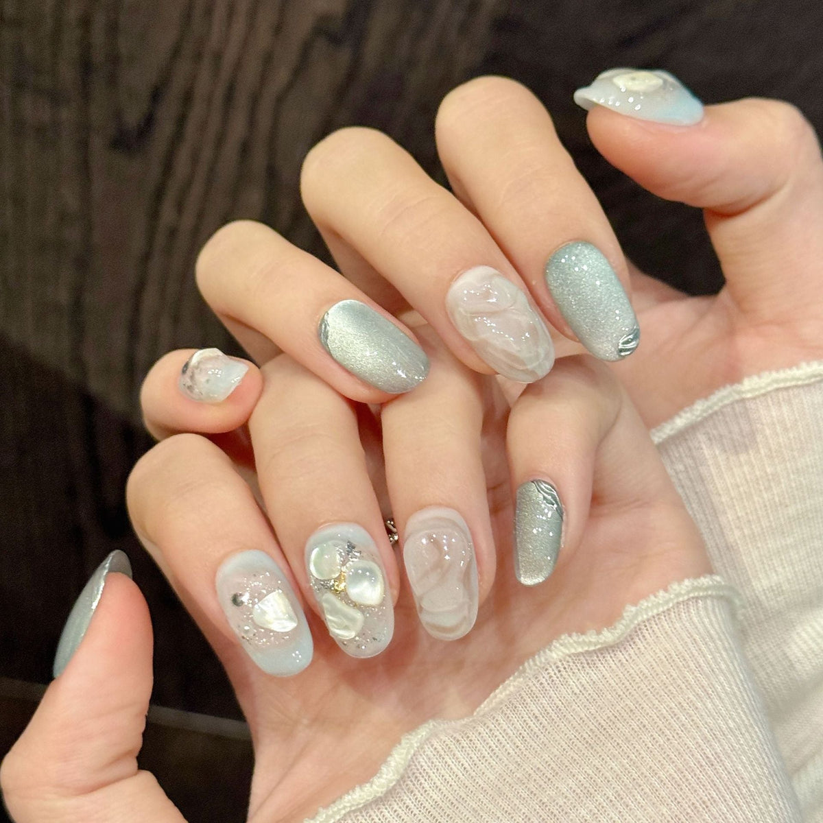 Blue Pearl Glow Marble Elegant Fresh Press On Nails