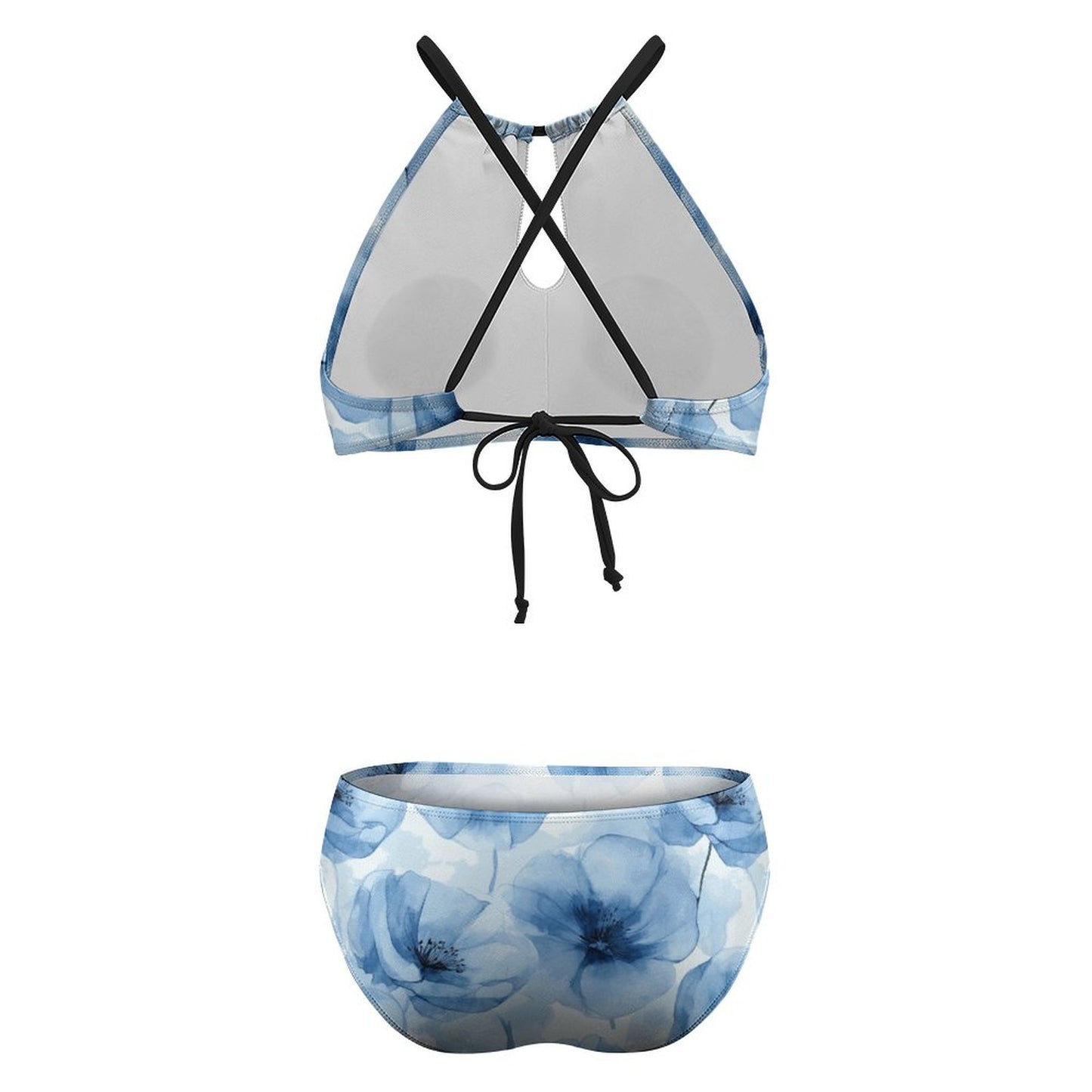 Women's Two piece Swimsuit with High Neck Halter Top Blue Floral