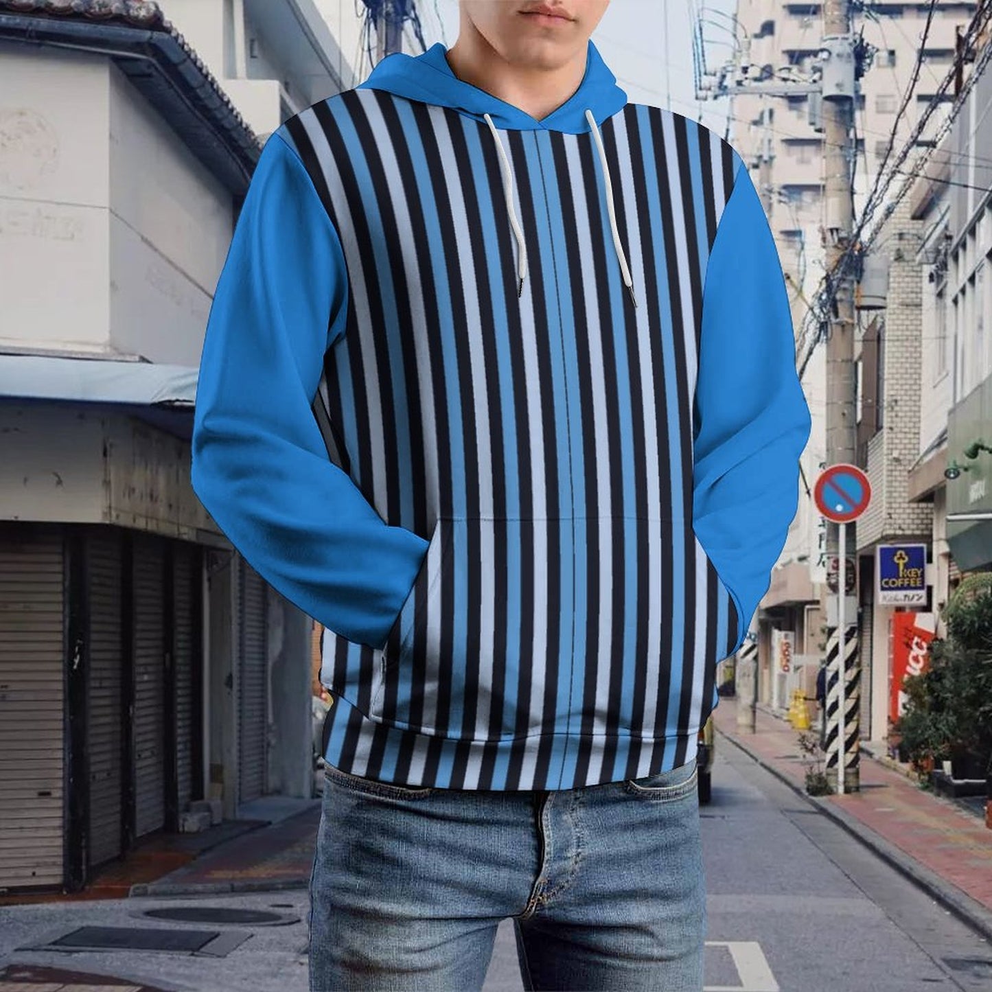 Men's Cool Hoodie with Double-layer Cap Blue Stripes