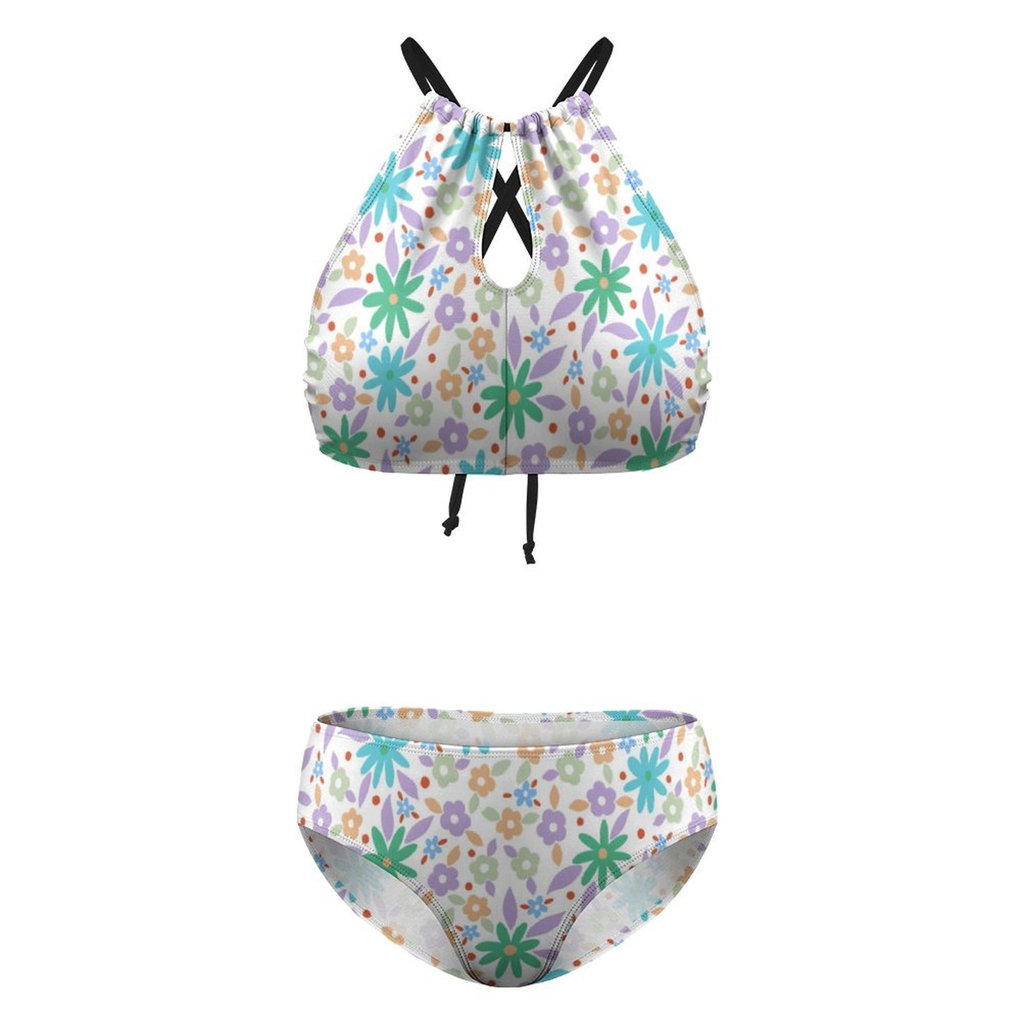 Women's Two piece Swimsuit with High Neck Halter Top Super Cute Flowers