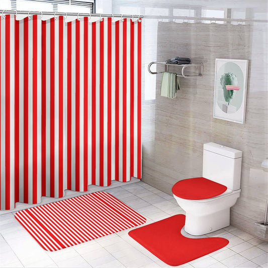 Shower Curtain Set with 3 Rugs Red Stripes