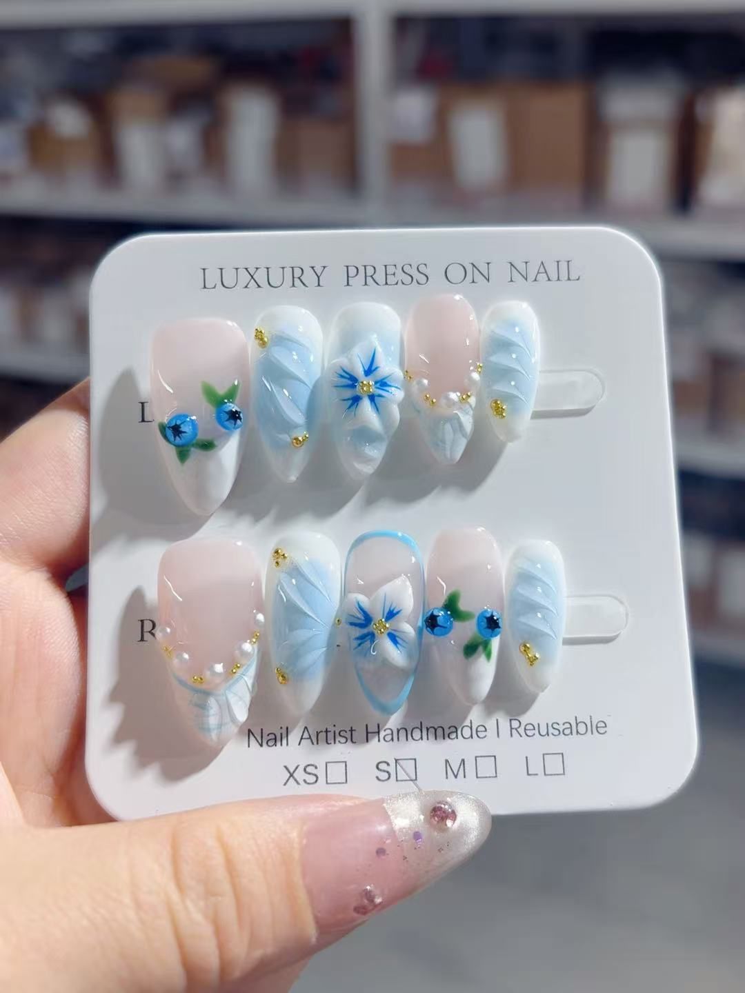 Blueberry Breeze: "Azure Berry Bloom" – Almond Press-On Nails – Image 6