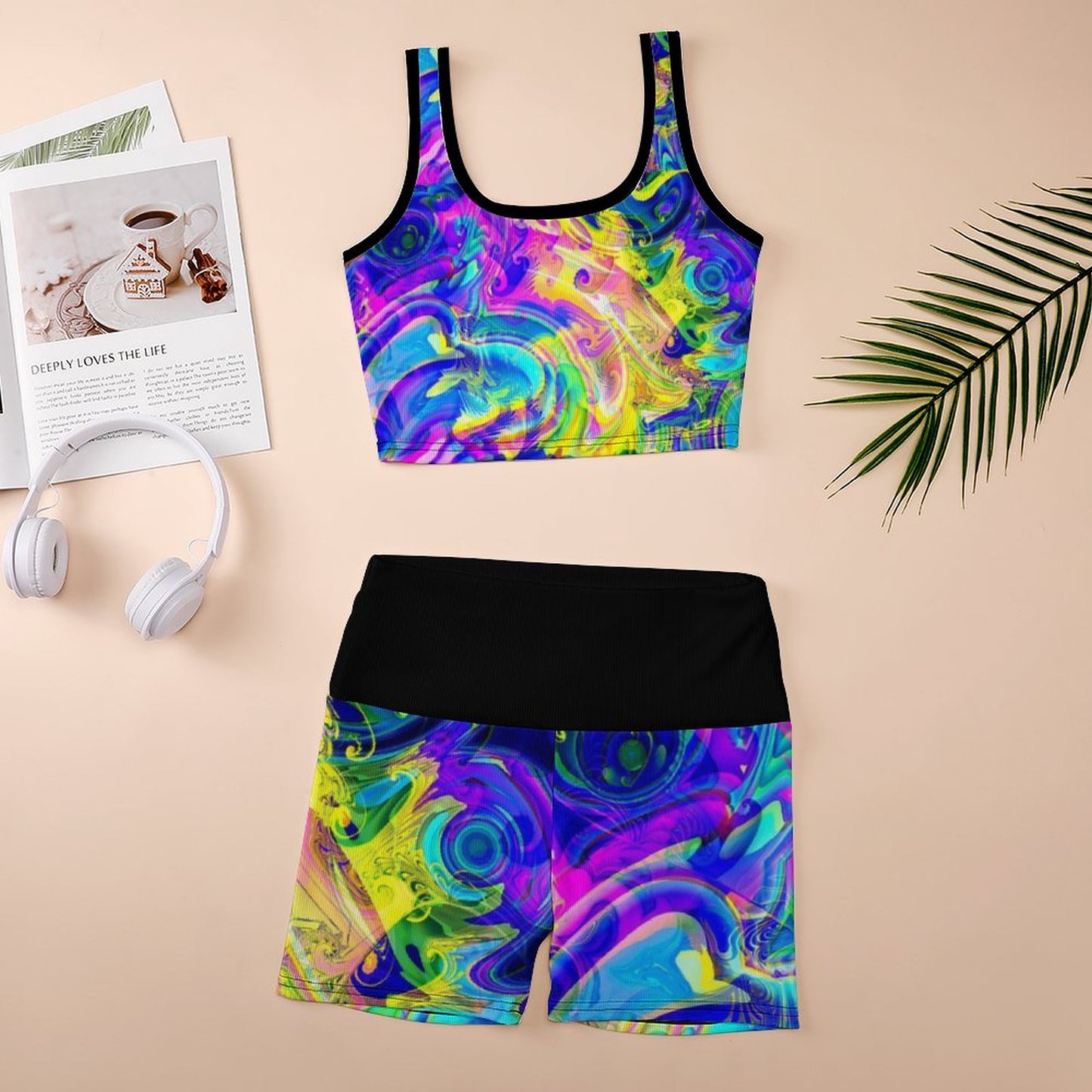 Custom Printed Patterned Ribbed Yoga Sets Multi color