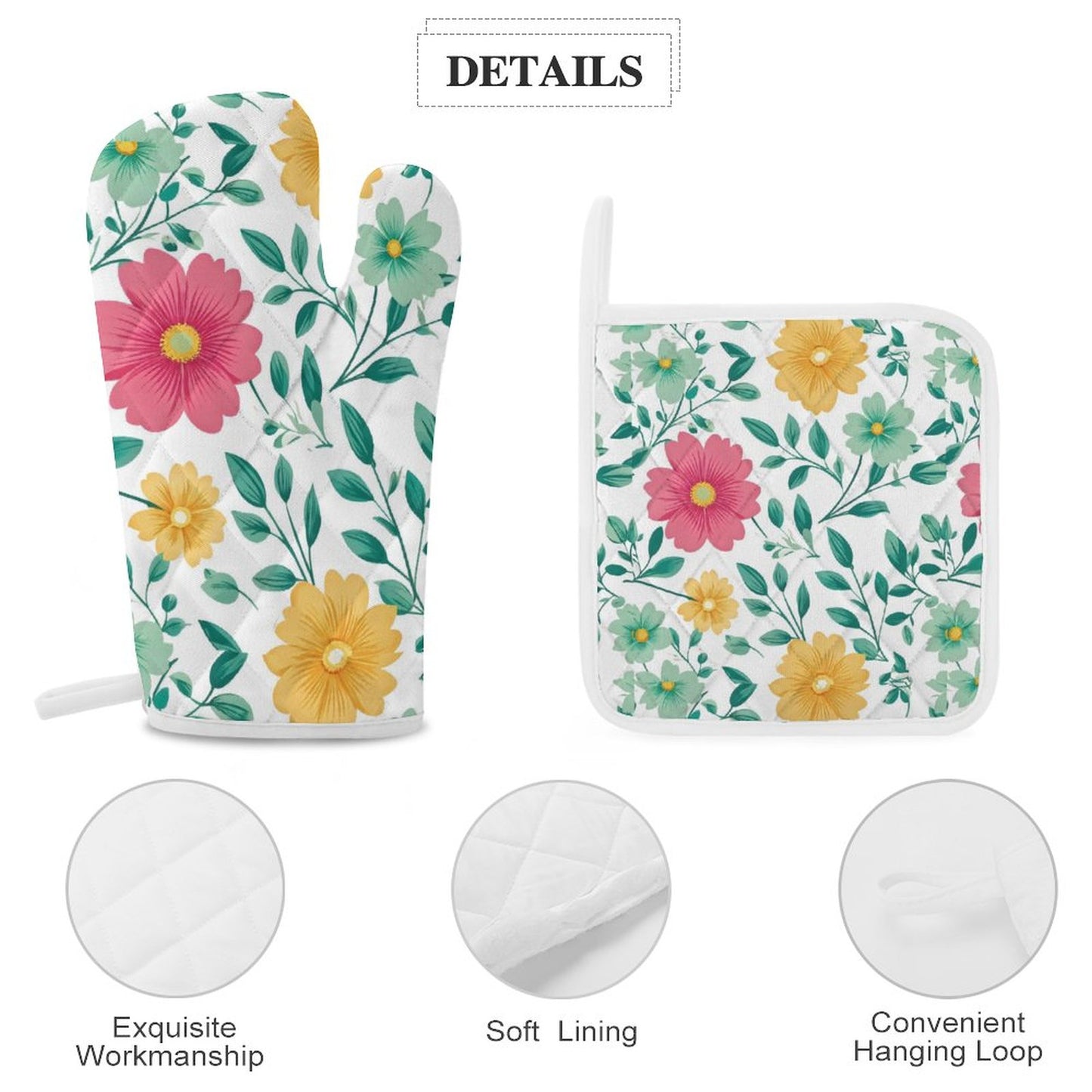 Oven Mitts & Pot Holder Set of 3 Flowers