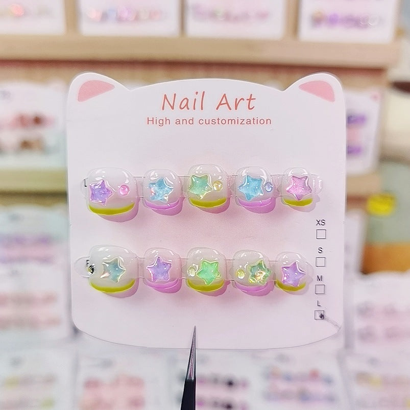 Rainbow Star Kids Press On Nails with Pastel Glitter – Image 2