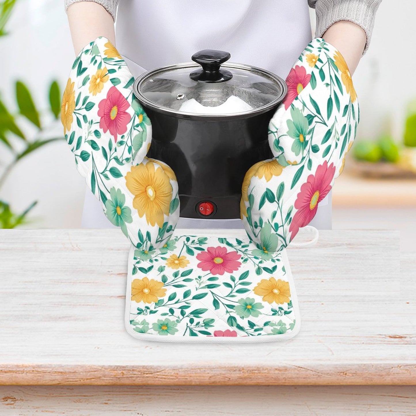 Oven Mitts & Pot Holder Set of 3 Flowers