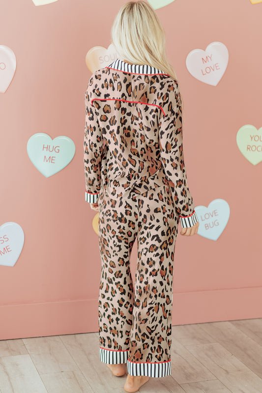 Dearlove Khaki Leopard Print Colorblock Striped Edge Shirt and Pants Pajama Set