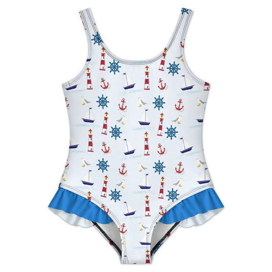 Girls Ruffle Trim One Piece Swimwear Marine