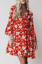 Red Boho Floral Print Lettuce Trim 3/4 Sleeve Mini Dress