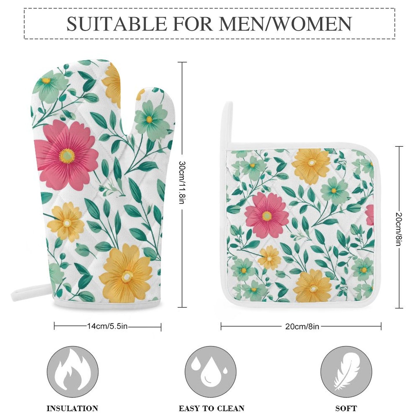 Oven Mitts & Pot Holder Set of 3 Flowers