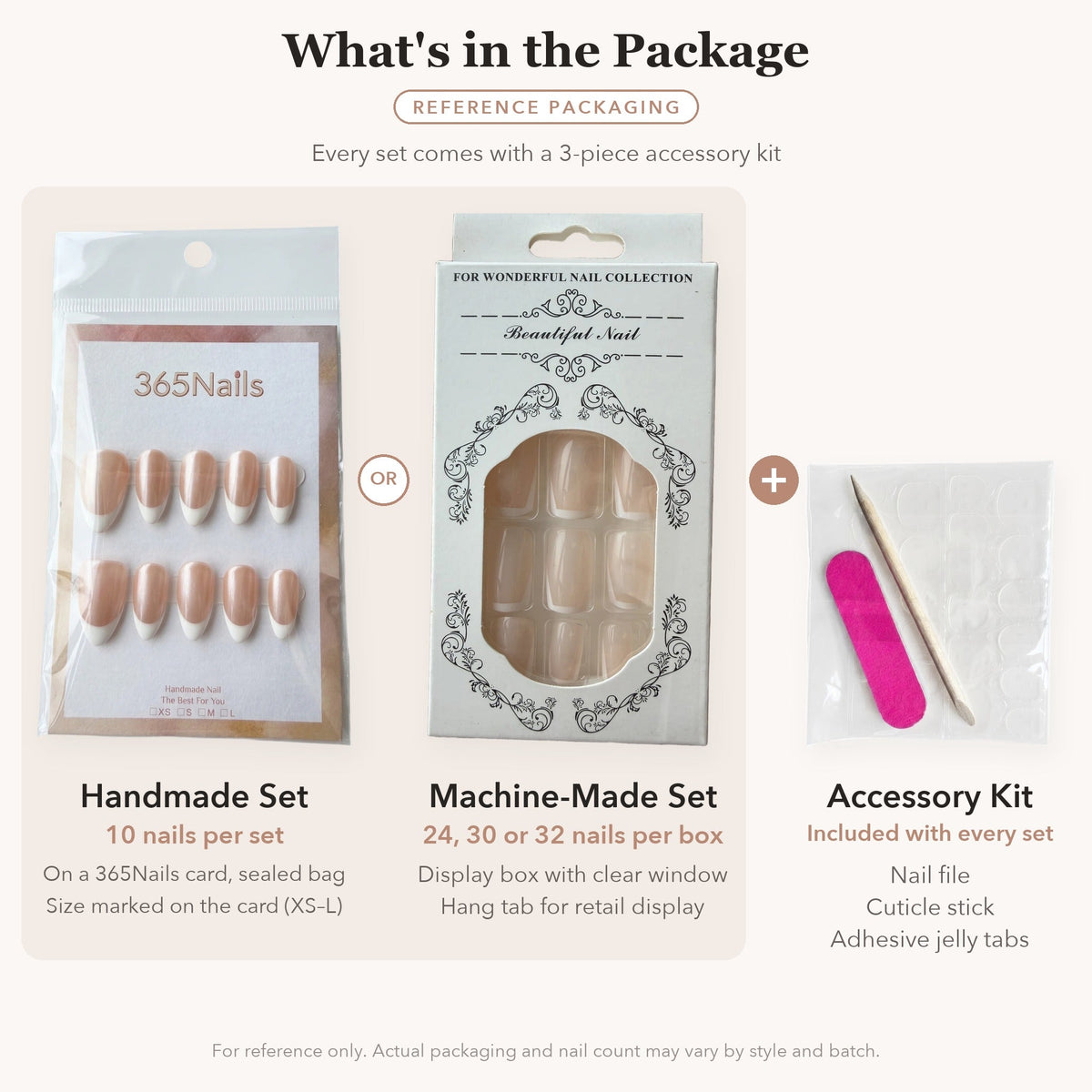 365nails: "Classic French Nude Square" – Minimalist Press-on Nails – Reference Packaging