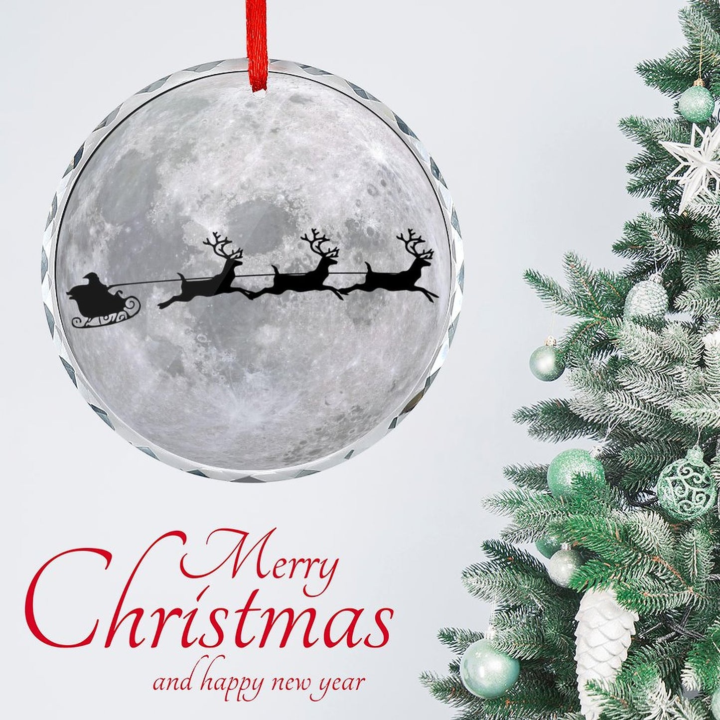 Glass Circular Ornament Pendant - Moon Santa Flying