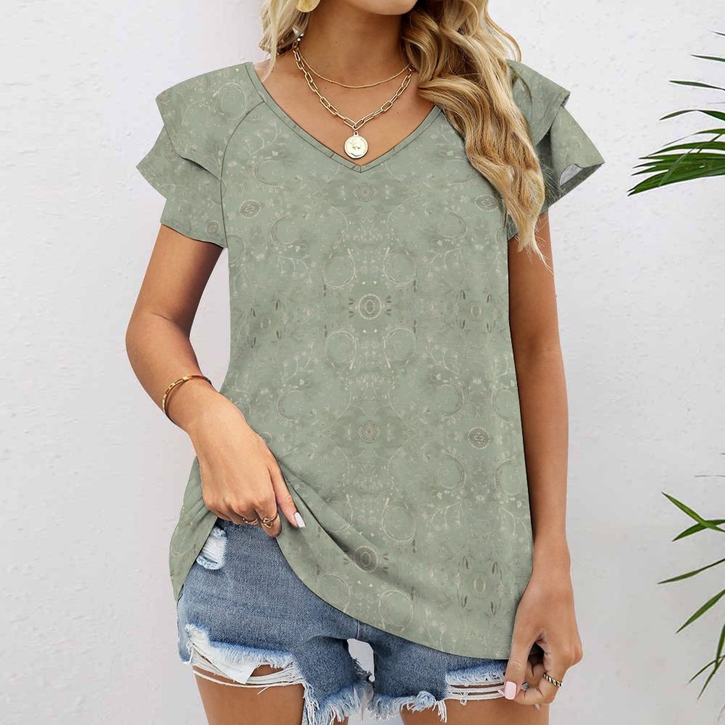 Cooling Polyester Ruffle V-Neck T-Shirt