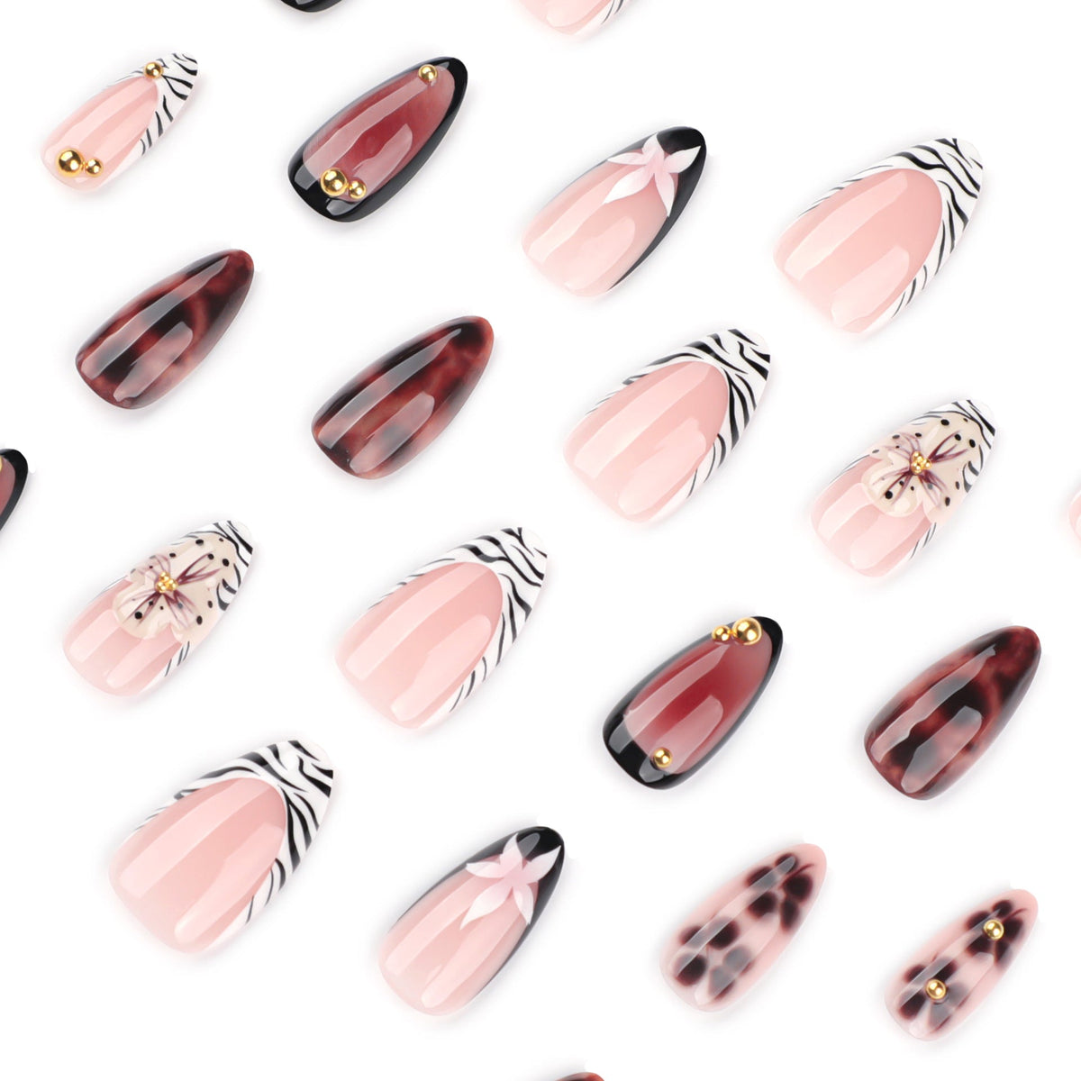 Mixed Floral Animal Pattern Almond Art Nails – Image 3