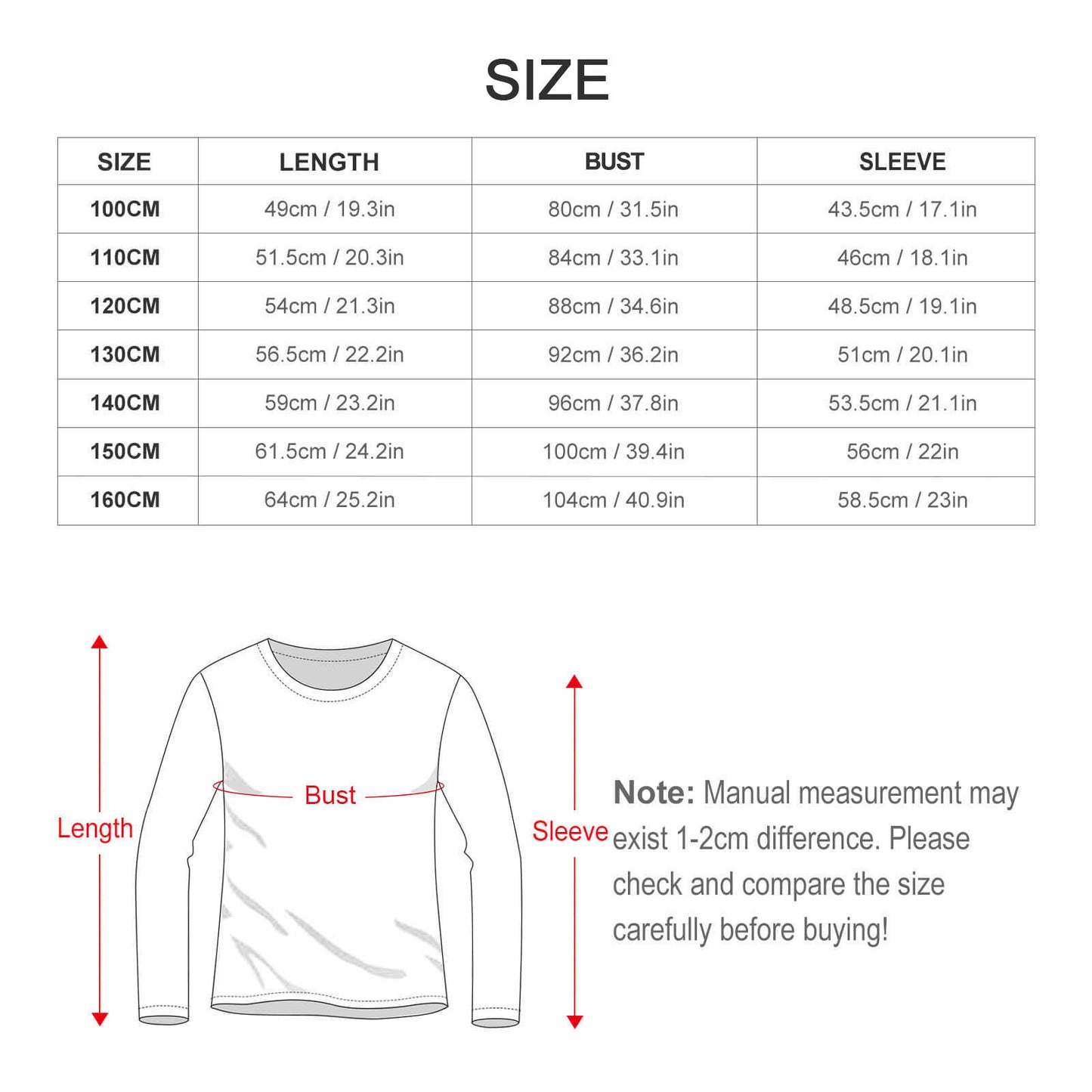 Size chart for a long-sleeve shirt with measurements in centimeters and inches.