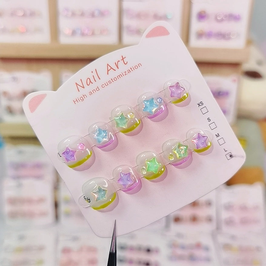 Rainbow Star Kids Press On Nails with Pastel Glitter – Image 3
