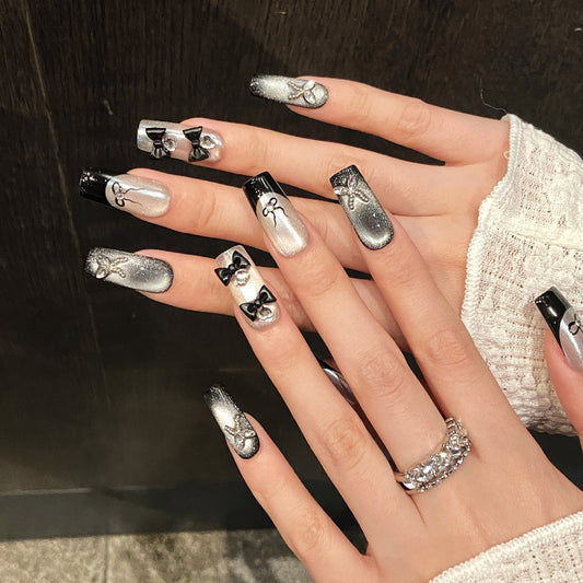 365nails: "Midnight Soiree" – 3D Bowknot & Butterfly Handmade Coffin Nails – Image 2