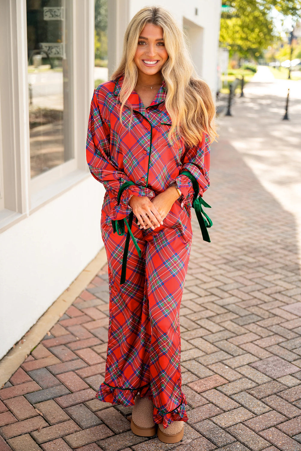 Fiery Red Plaid Satin Pajama Set with Contrast Velvet Ties