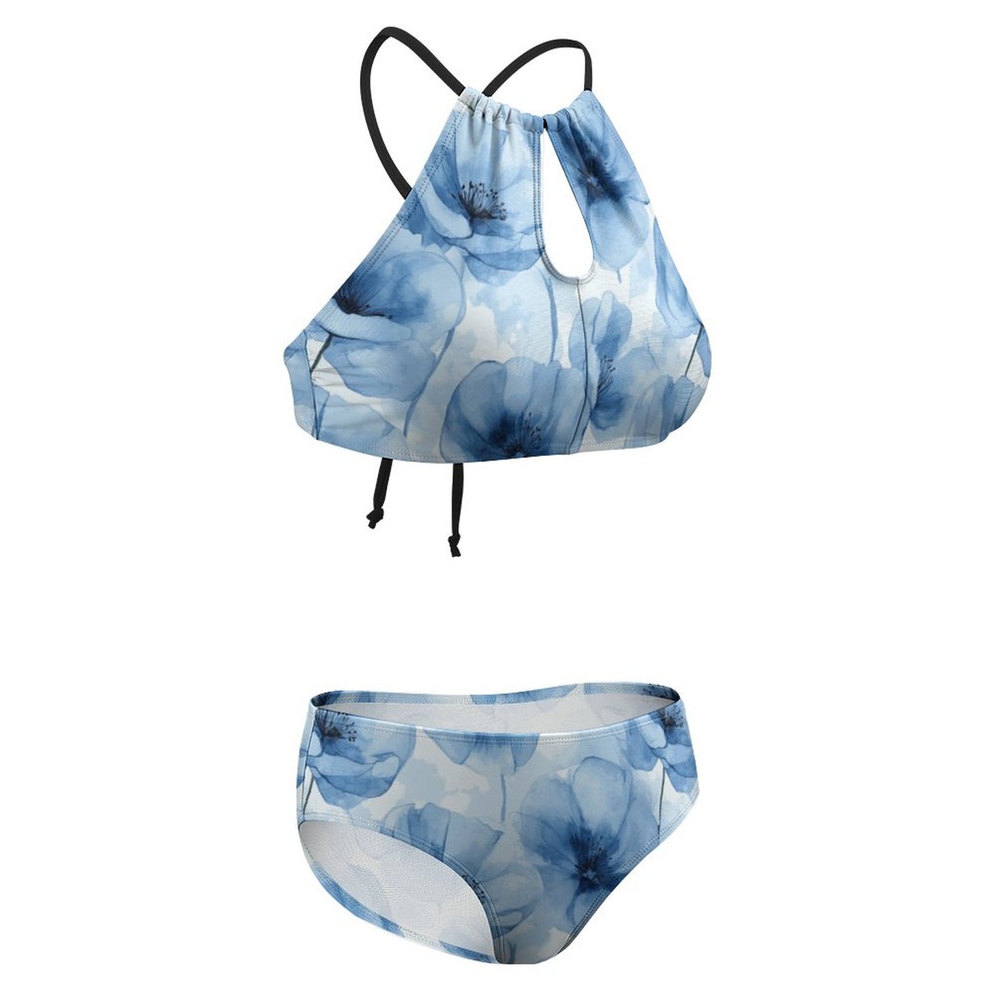 Women's Two piece Swimsuit with High Neck Halter Top Blue Floral