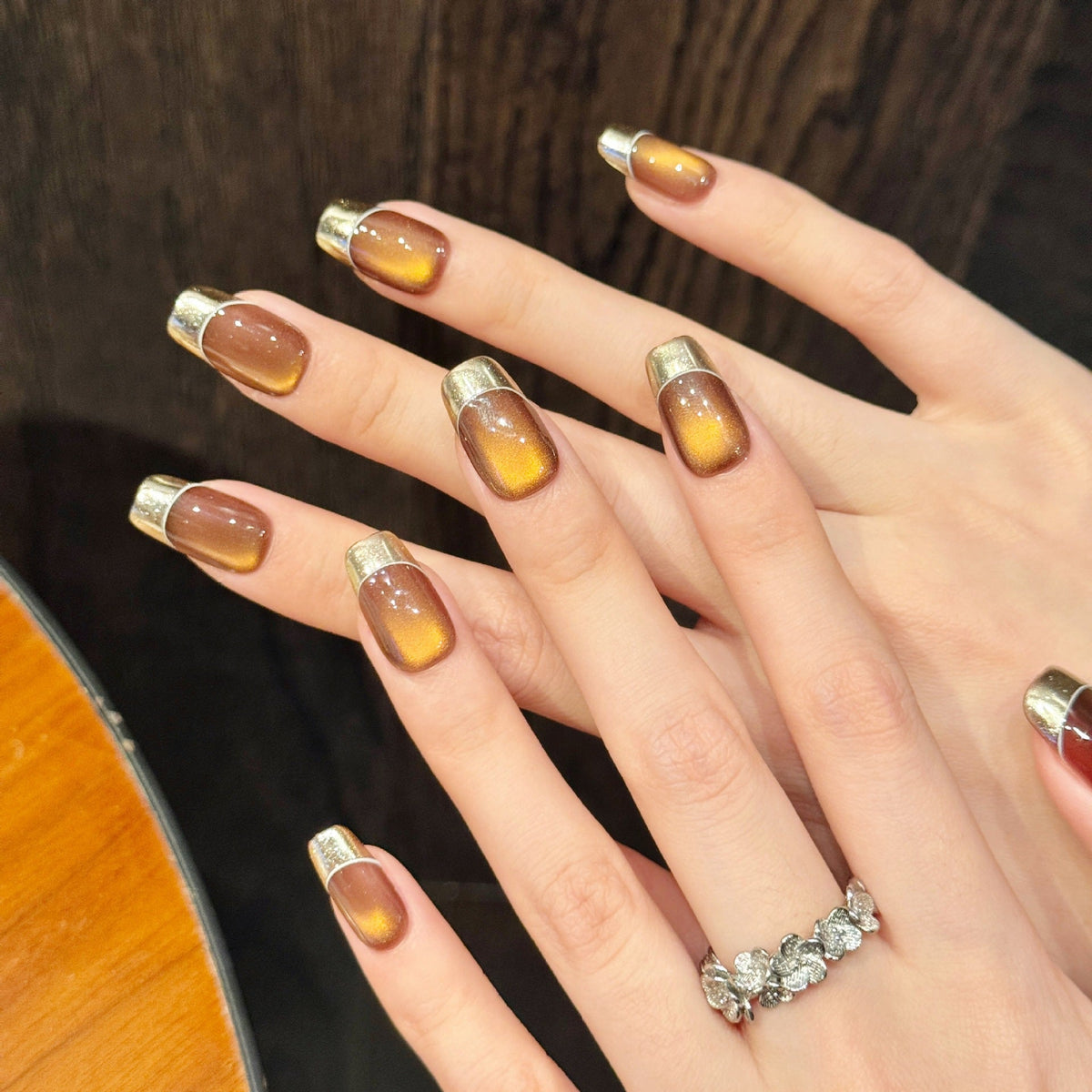 365nails: "Autumn Gold" – Mirror Chrome French Tip Handmade Short Square Nails – Image 3