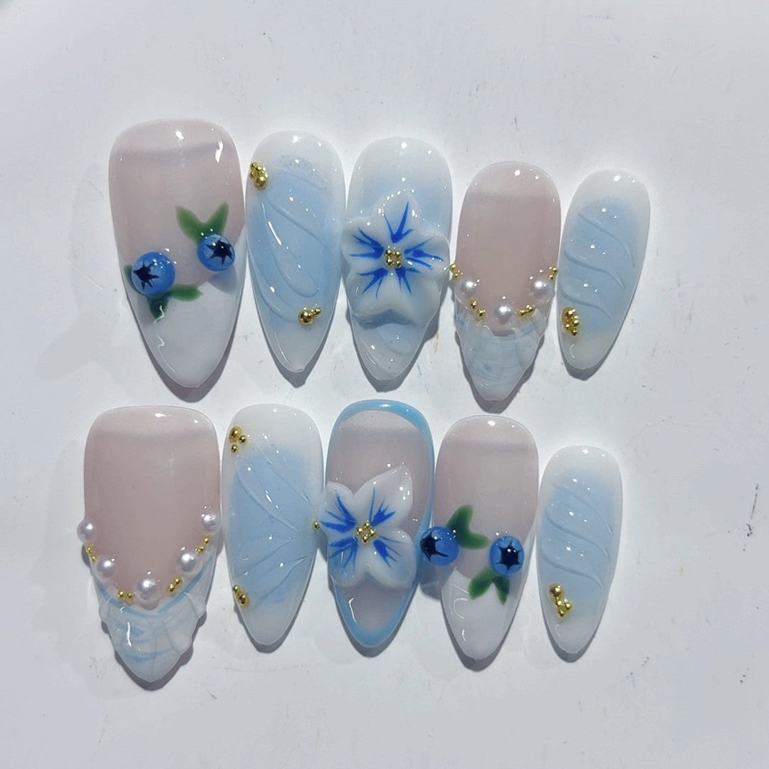 Blueberry Breeze: "Azure Berry Bloom" – Almond Press-On Nails – Image 3