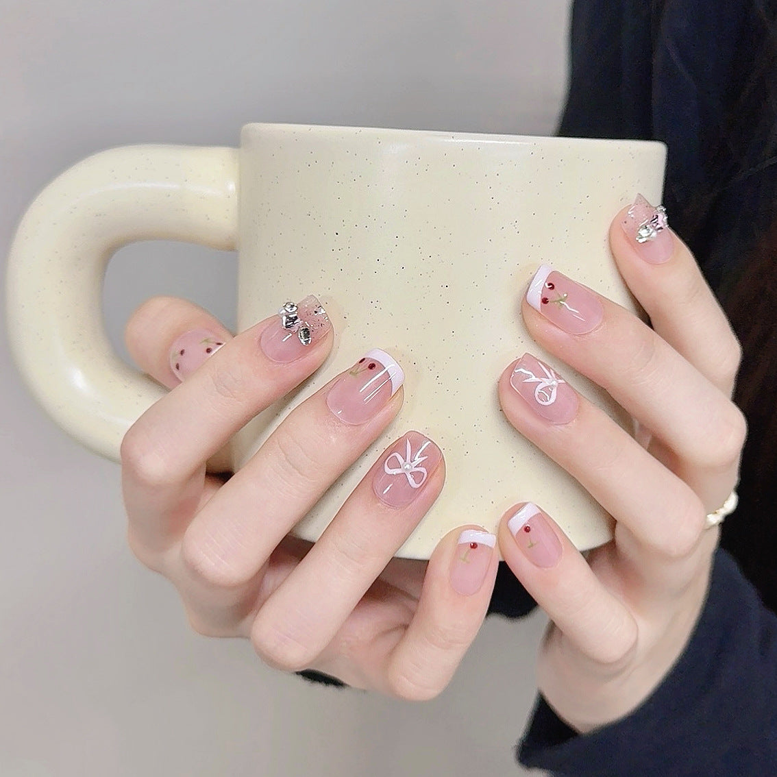 365nails: "Cherry Cream" – Hand-Painted Fruit & Bow French Tip Nails – Image 2