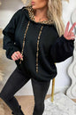 Black Leopard Contrast Drawstring Hood Drop Shoulder Loose Top