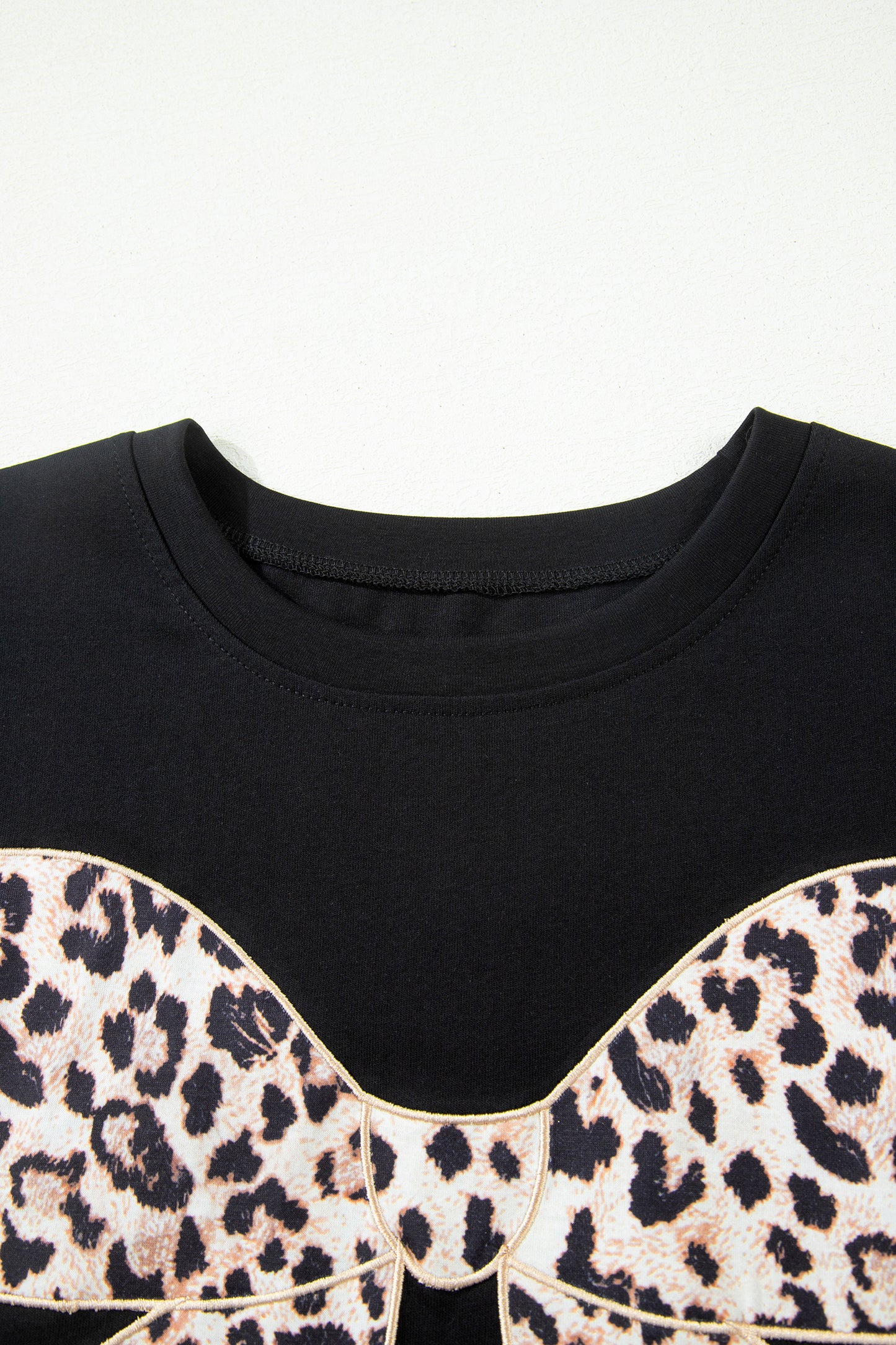 Black Leopard Bow Embroidered Cotton Round Neck T Shirt