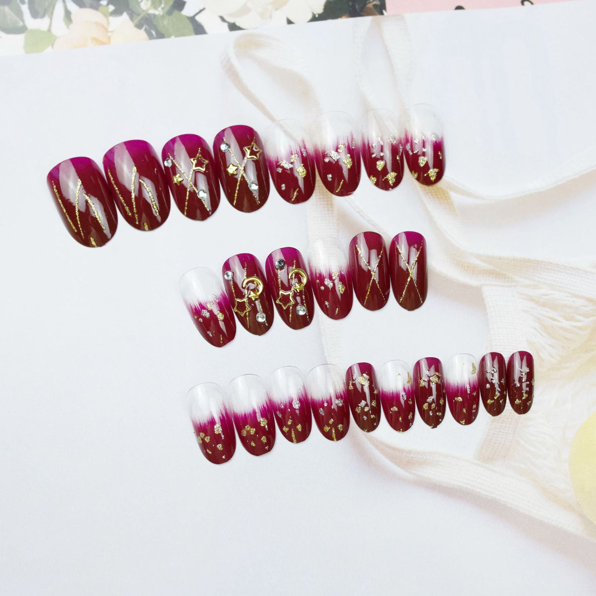 365nails: "Crimson Velvet Night" – 3D Moon & Star Handmade Medium Almond Nails – Image 4