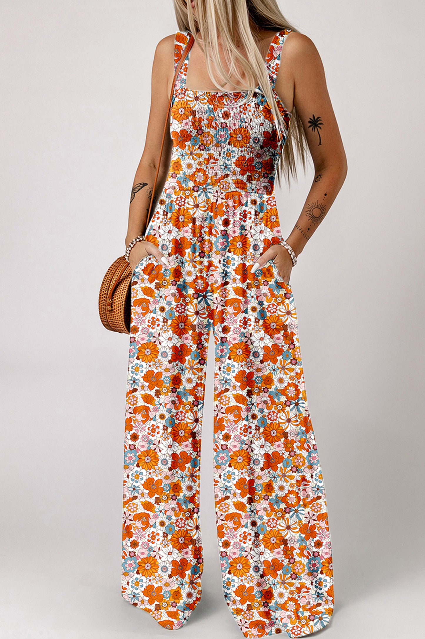 Women's Casual Loose Overalls Jumpsuits Sleeveless Floral Printed Wide Leg Full Length Rompers Pockets 100% Viscose