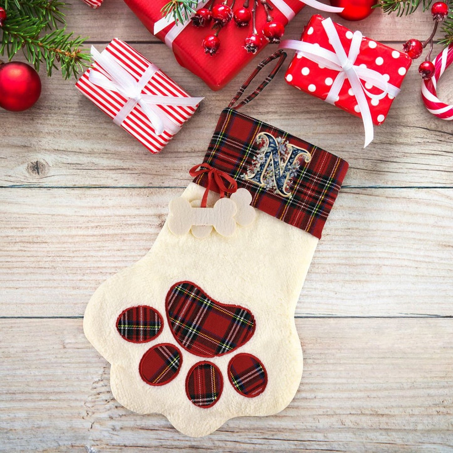 Pet Cat Dog Claw Christmas Stocking - Letter N